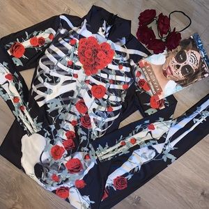 Rose Skeleton Long Sleeve Bodysuit/Jumpsuit - comes with Rose Crown and Tattoos